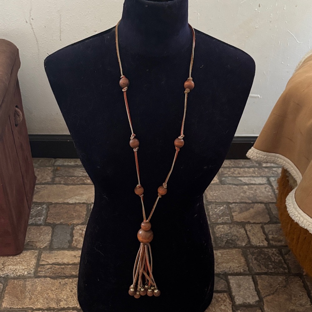 Boho Leather Cord Necklace With Wooden Beads And  Tassle Accent